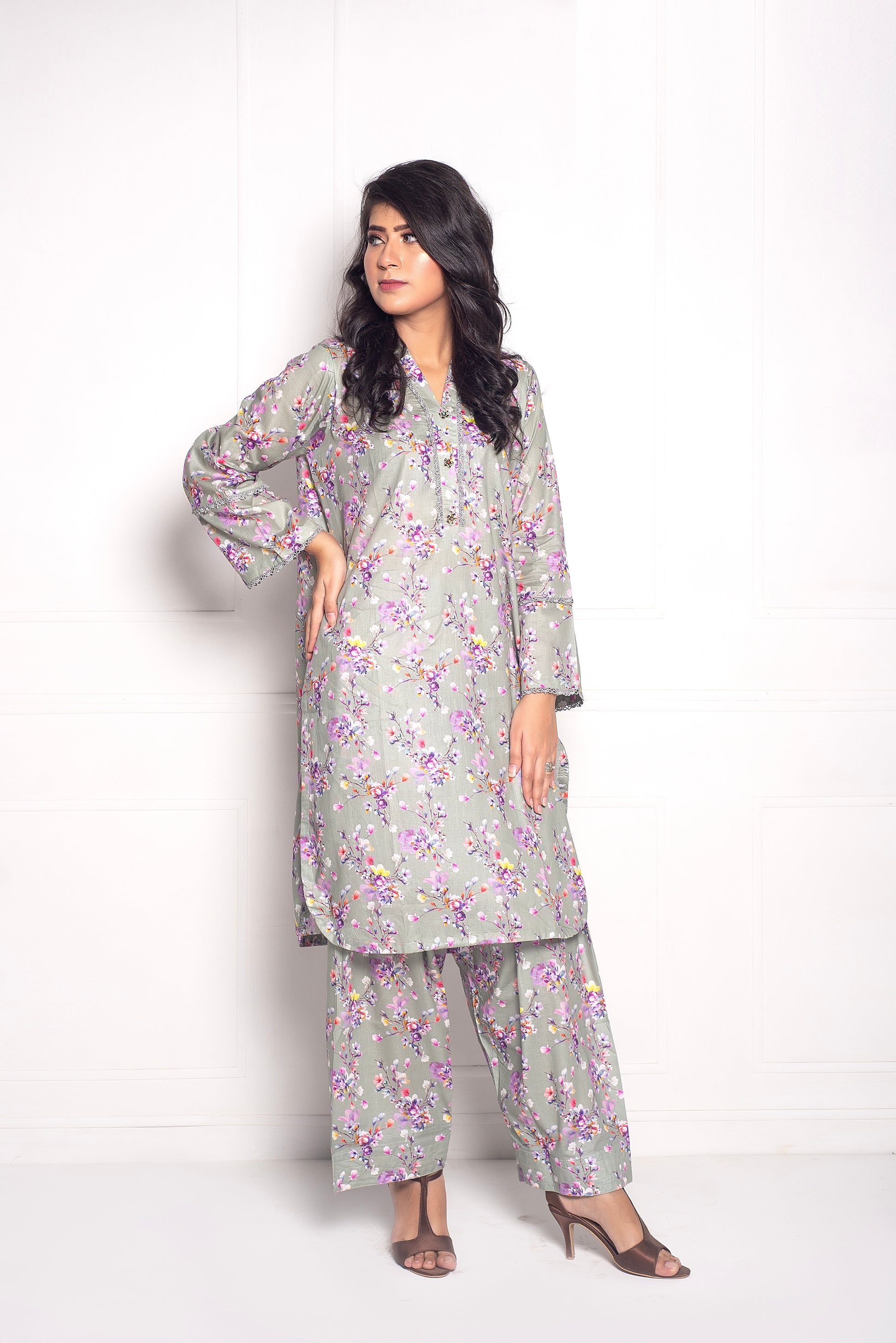 2-Piece Stylish Stitched Premium Digital Printed Lawn Co-Ord Set with Farshi Shalwar