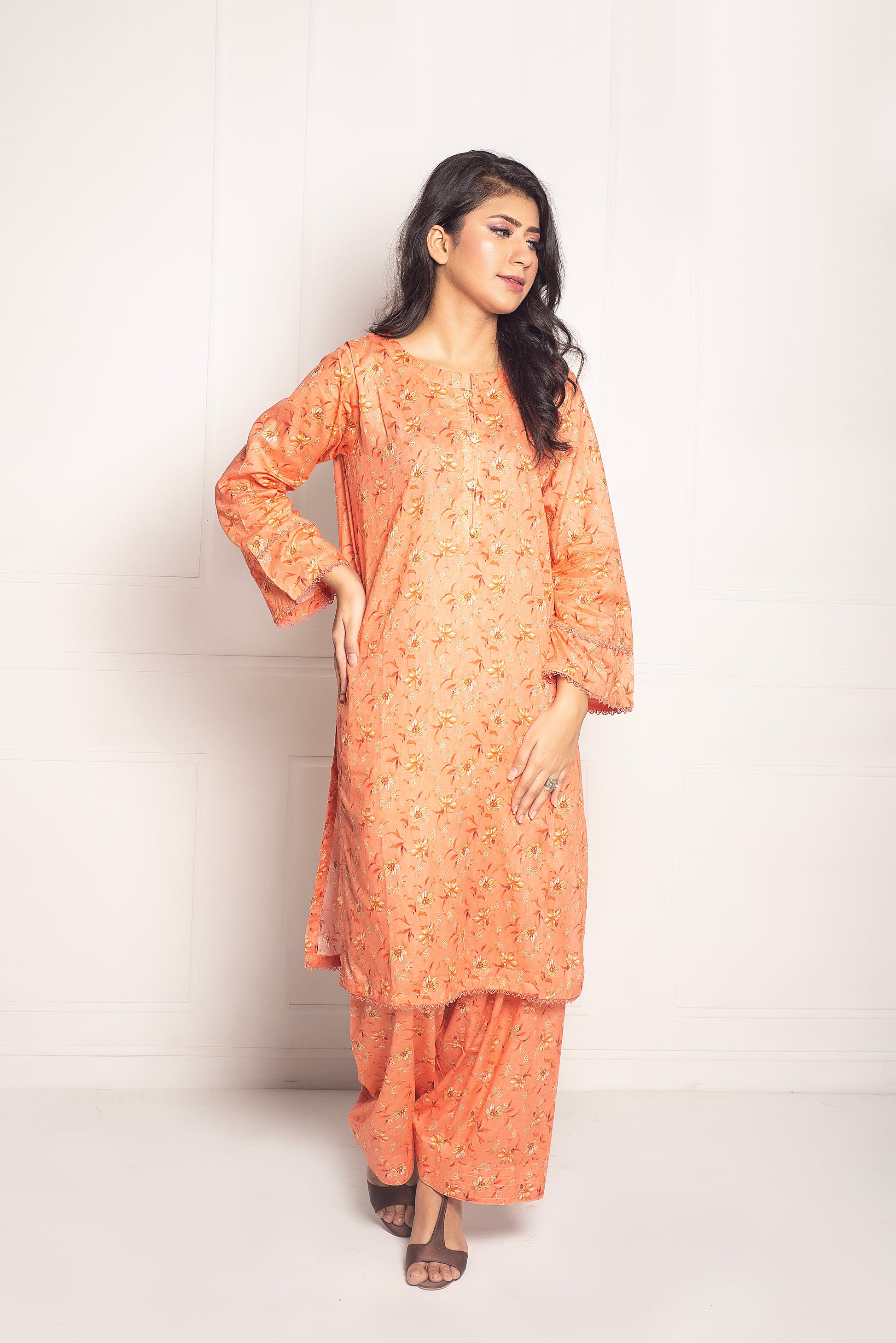 2-Piece Stylish Stitched Premium Digital Printed Lawn Co-Ord Set with Farshi Shalwar