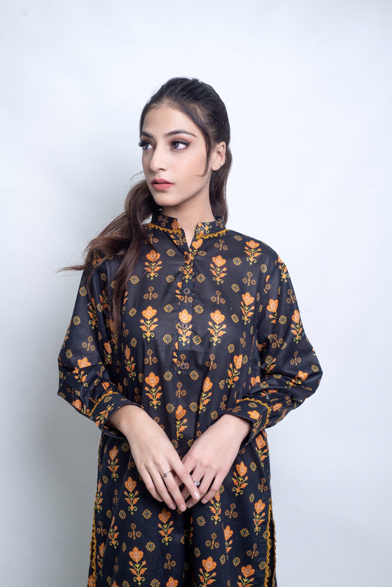Stitched 2-Piece Premium Digital Printed Lawn Co-Ord Set – Shirt & Flapper Trouser – Black