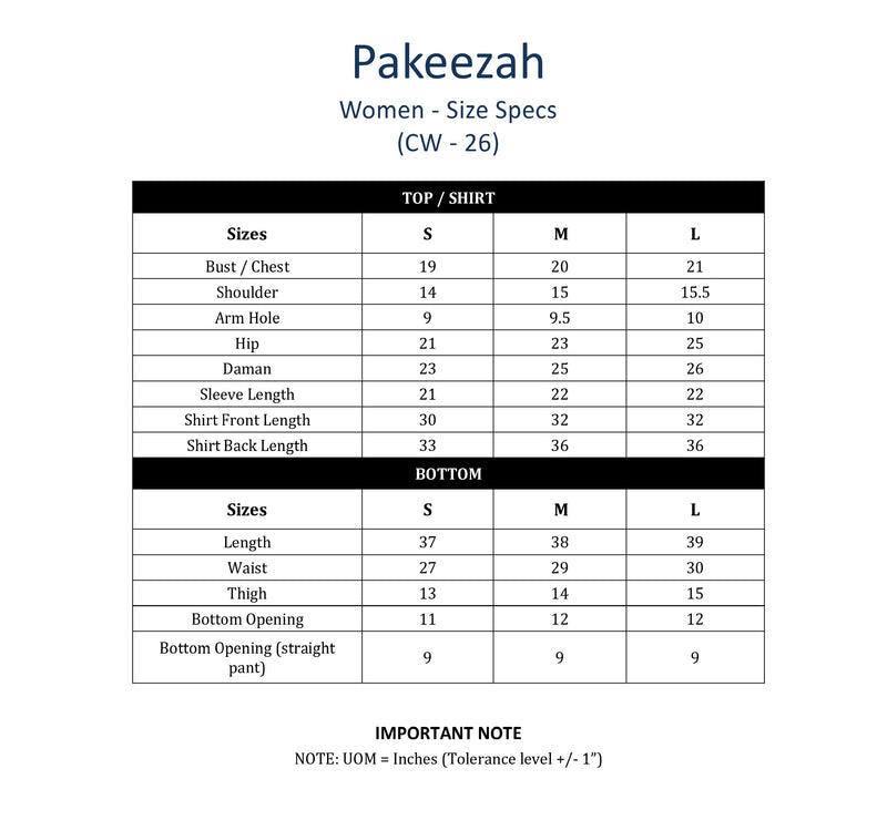 Size chart for Premium 2-Piece Stylish Stitched Western Wear Co-Ord Set